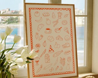 Kitchen Print, Hand Drawn Kitchen Print, Trendy Wall Art, Retro Poster, Kitchen Decor, Hand Drawn Food, Maximalist Kitchen Gallery Wall Art