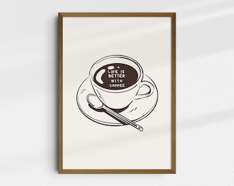 Koffie muurkunst, cadeau koffieliefhebber, keuken muurkunst, koffieposter, koffiebar decor, appartement muurkunst, retro muurkunst, trendy muurkunst