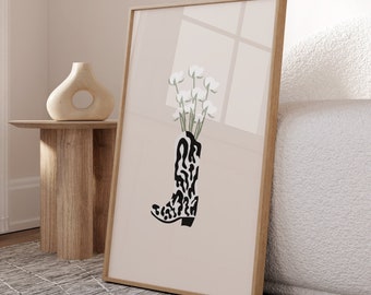 Cowgirl Boot Print, Flowers In Cowgirl Boot Printable, Western Wall Art, Black Cowboy Boot Wall Decor, Trendy Wall Art, Trendy Print