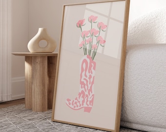 Cowgirl Boot Print, Flowers In Cowgirl Boot Printable, Pink Western Wall Art, Cowboy Boots Wall Decor