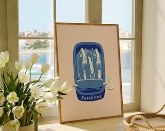 Sardynki wydruk ścienny, Sardynki wydruk na puszce, Sztuka ścienna do kuchni, Modna sztuka ścienna, Sztuka ścienna z owocami morza, Plakat kuchenny, Sztuka retro z jedzeniem, Wydruk ryb