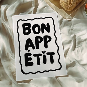Bon Appetit Poster, Typography Print, Black and White Kitchen Wall Art, Maximalist Kitchen Print, Mid Century Art, French Quote Art