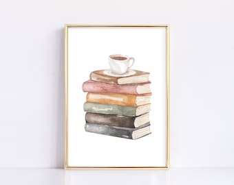 Book Print, Book Printable, Bookish Poster, Book Wall Art, Book Lover Gift, Book and Coffee Art, Digital Download