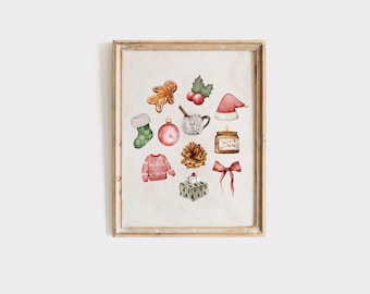 Impresión navideña vintage, arte de pared navideño, decoración navideña, arte navideño vintage, Navidad de granja imprimible, Navidad en acuarela