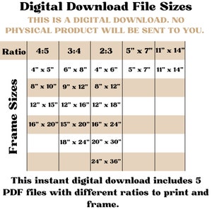 May include: A chart showing different frame sizes for digital downloads in five aspect ratios: 4:5, 3:4, 2:3, 5" x 7", and 11" x 14". The chart includes measurements in inches for each ratio.