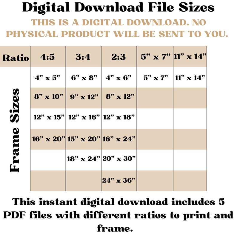 May include: A chart showing different frame sizes for digital downloads in five aspect ratios: 4:5, 3:4, 2:3, 5" x 7", and 11" x 14". The chart includes measurements in inches for each ratio.