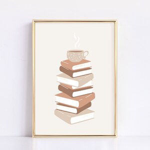 May include: A stack of books in various shades of brown and beige with a cup of coffee on top. The coffee cup is brown with a white design and steam coming from it. The books are stacked in a tower and the image is framed in gold.