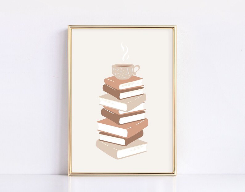 May include: A stack of books in various shades of brown and beige with a cup of coffee on top. The coffee cup is brown with a white design and steam coming from it. The books are stacked in a tower and the image is framed in gold.