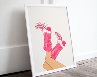 Pink Cowboy Boots Print, Cowboy Boots Wall Art, Cowboy Boots In Air Print, Western Wall Art, Western Print