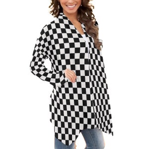 Women&#39;s Black Checkerboard Long Sleeve Cardigan