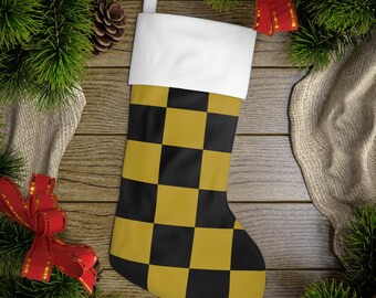 Black & Gold Checkerboard Christmas Stocking | Holiday Stocking