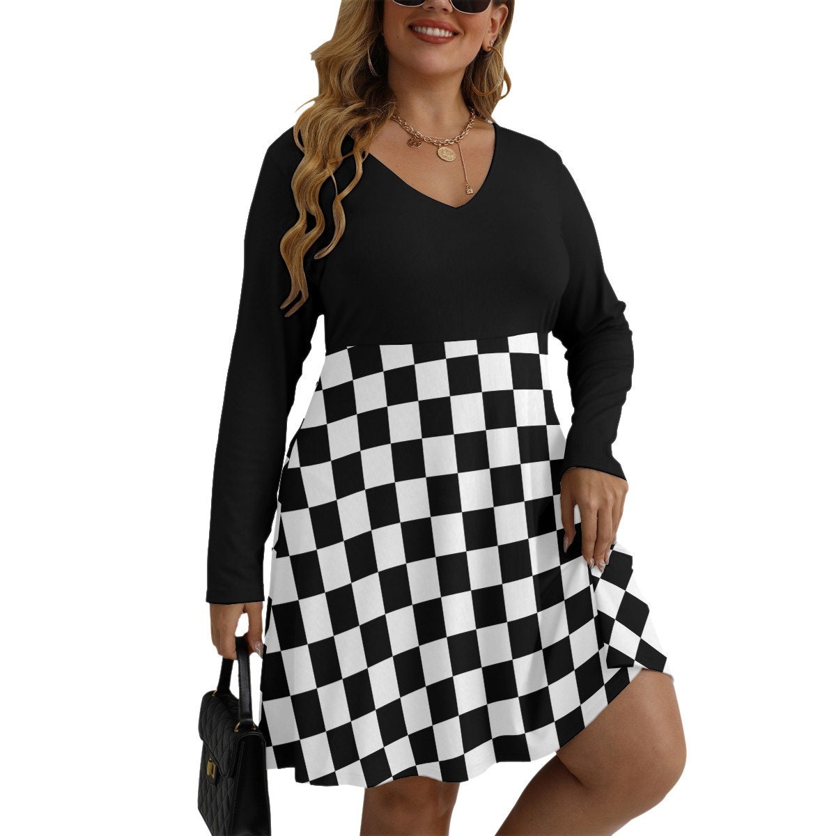 Checkerboard Women s V neck Long Sleeve Dressplus Size Etsy UK