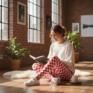 Checkerboard Pattern Leggings Red White Checkered Pants Women Casual Stretchy Skinny Bottoms Yoga Checkerboard Design Bold Print Fashion
