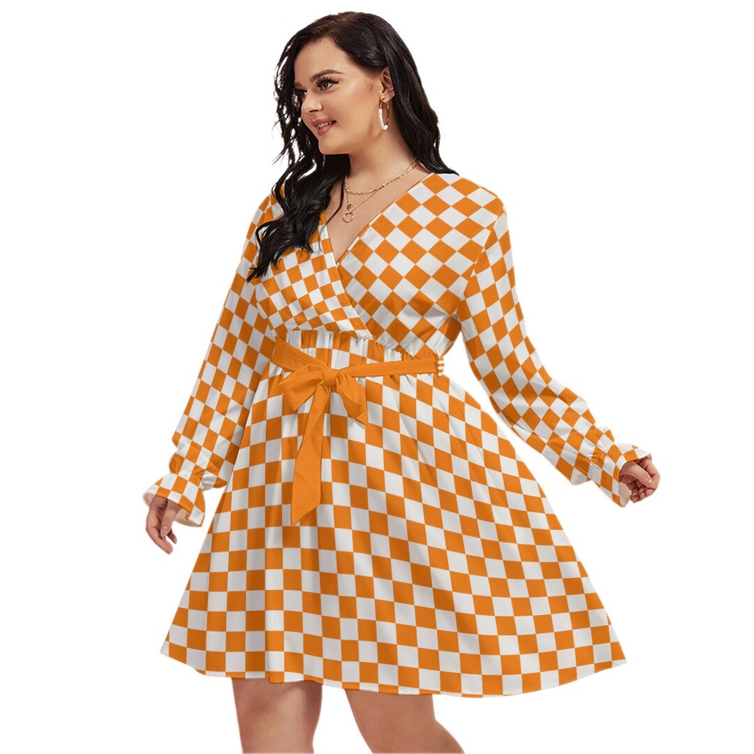Lady Check Plaid Cheongsam Chinese Midi Dress 3/4 Sleeve