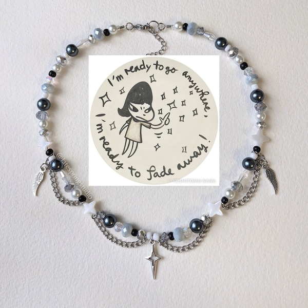 STAR and WINGS handmade beaded necklace / angelcore fairycore whimsigoth whimsical fairy stars monochrome angel grey white gray glass