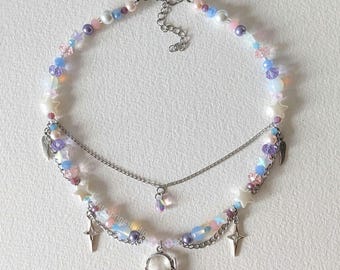 MUSIC LUVR pastel version - handmade beaded necklace / stars fairy angel glass crystals blue aesthetic stargirl angelic pink purple sparkle