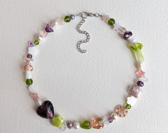 AUGUST handmade chunky beaded pearl glass necklace / flower stars fairy sparkle glass crystal pink green purple freshwater pearls moon heart