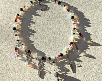 ANGEL handmade beaded necklace / cross stars swirls angelcore wings gothcore alt alternative goth cyber shimmer sparkle glass crystal spiral