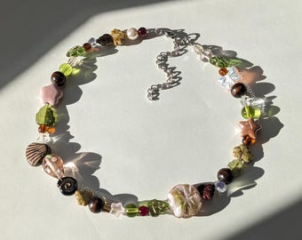 DEC handmade beaded necklace / whimsical glass pink flower green cottagecore fairy spiral swirl whimsigoth forest nature seashell fall leaf