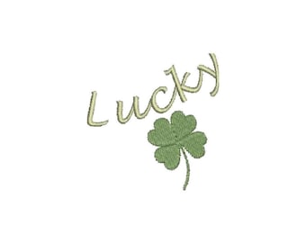 Peut inclure: Un trèfle à quatre feuilles vert avec une tige et le mot "Lucky" écrit en cursive.
