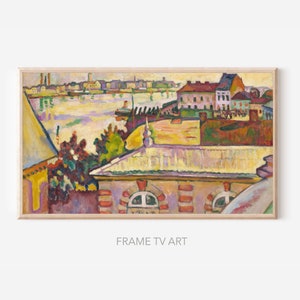 May include: A painting of a cityscape with a river in the foreground. The buildings are painted in a variety of colors, including yellow, orange, red, and blue. The river is a light blue color and there are boats in the water. The painting is done in a style that is reminiscent of Impressionism.