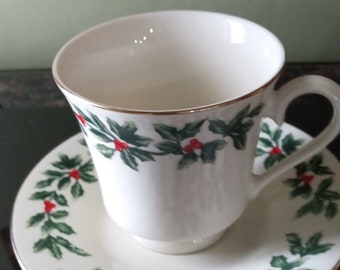 Vintage FORMALITIES Hand Painted Porcelain Holly Berries Cup And Saucers Gold Rims  By Baum Bros