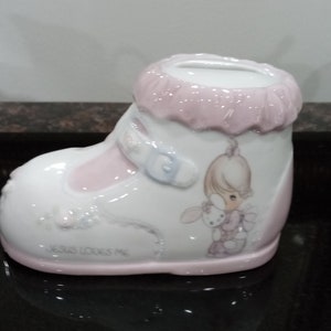 Vintage PRECIOUS Moments 1994 Enesco Porcelain &quot;Jesus Loves Me&quot; Baby Shoe Bank