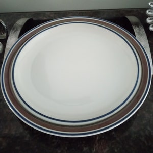 May include: A white ceramic dinner plate with brown and blue stripes around the rim.