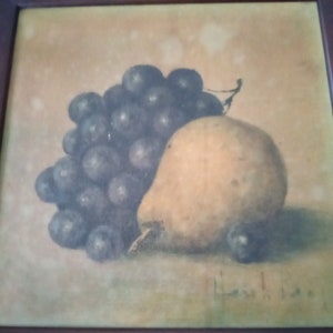 Vintage Wood Framed HENK Bog Still Fruit Wall Hanging Pear And Grapes