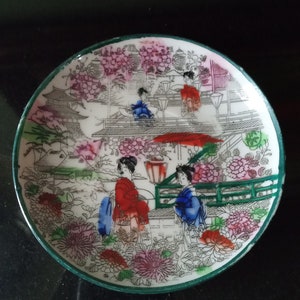 Vintage Japanese GEISHA Floral Hand Painted Red Saucer