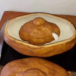 Vintage ATLANTICO MOLD Large Baked Potato Glazed Ceramic Shape Casserole With Small Potato and Glazed  Ceramic Spoon