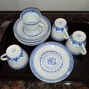 Vintage Blue & White Rice Eye Tea Cup and Saucer Set