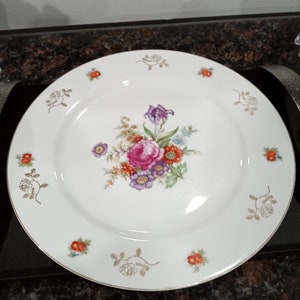 Vintage White Multi-Colored Flowers Gold Rim Plate