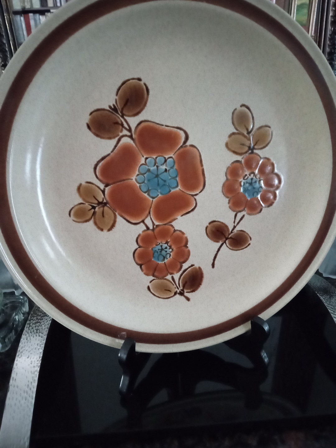 Vintage YAMAKA Stoneware Dinner Plate Brown With Blue Flowers Etsy