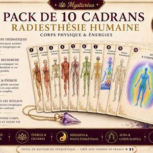 Könnte beinhalten: Ein Set aus 10 Pendeltafeln mit dem Titel Pack de 10 Cadrans Radiesthesie Humaine, die anatomische und energetische Diagramme des menschlichen Körpers zeigen. Ein violetter Kristallpendel an einer Goldkette liegt vor den nummerierten Karten.