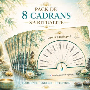May include: A set of 8 spiritual dowsing charts featuring a fan-shaped layout with text in French, including terms like Psychométrie and Télépathie. The design incorporates imagery of a golden Buddha statue, lotus flowers, and stacked stones.