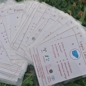 Set of 50 laminated lithotherapy sheets to learn about the benefits of natural stones, to learn lithotherapy