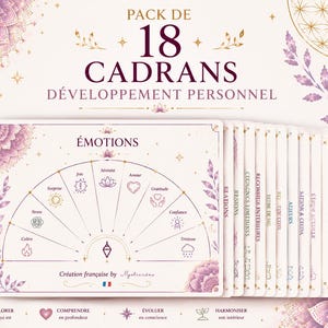 Pode incluir: Um conjunto de 18 cartões de desenvolvimento pessoal com um mostrador em leque sobre emoções, incluindo ícones para stress, surpresa, alegria, serenidade, amor, gratidão, confiança, tristeza e raiva, em tons creme com detalhes em violeta.