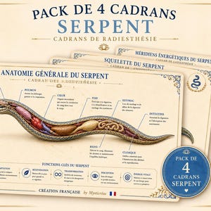 May include: A set of four rectangular dowsing charts featuring anatomical illustrations of a snake. The primary chart displays the snake's internal organs with labels in French, including brain, lungs, heart, liver, stomach, and intestines.