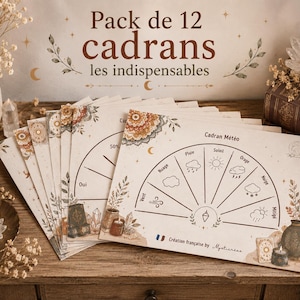 May include: A set of twelve printed paper charts featuring circular diagrams with French text including Cadran Météo, Soleil, Pluie, Orage, Neige, Mitigé, Nuage, and Vent, decorated with botanical illustrations and mandala patterns in earthy tones.