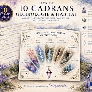 Op de afbeelding: Een set van 10 geobiologie- en habitat-wichelroedekaarten met aquarelillustraties van natuurlijke fenomenen zoals waterlopen, geologische breuklijnen en minerale aders. De kaarten bevatten Franse tekst en een centraal pendelontwerp.