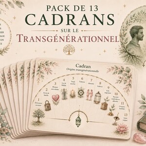Pode incluir: Um conjunto de 13 cartões intitulado PACK DE 13 CADRANS SUR LE TRANSGÉNÉRATIONNEL. Cada cartão apresenta um gráfico semicircular com ícones numerados representando temas como uma árvore, cadeado, coração, vela, roda, figuras e flores.