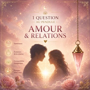 Peut inclure: Un pendule en cristal rose suspendu à une chaîne dorée sur un fond éthéré avec un couple, des roses roses et le texte 1 QUESTION AU PENDULE AMOUR & RELATIONS, accompagné d'icônes pour les sentiments, l'évolution relationnelle et l'énergie.