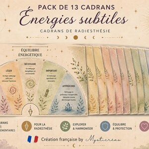 Puede incluir: Un conjunto de 13 gráficos de radiestesia titulados Pack de 13 cadrans Énergies subtiles. Los gráficos presentan un diseño en abanico con fondos de acuarela pastel, ilustraciones botánicas y texto en francés que incluye Équilibre énergétique, Léger y Approfondi. Un icono de luna creciente y sol aparece en la parte superior.