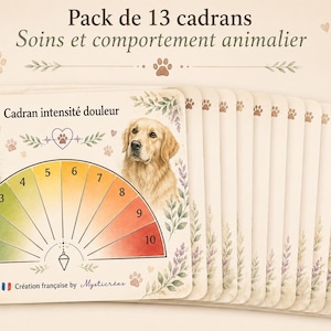 Può includere: Un set di 13 carte intitolato Pack de 13 cadrans Soins et comportement animalier. La carta frontale presenta una scala semicircolare dell'intensità del dolore da 1 a 10, illustrata con un gatto, un cane, motivi floreali e impronte.