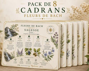 May include: A set of eight rectangular cards titled PACK DE 8 CADRANS FLEURS DE BACH. The front card features botanical illustrations, text in French, and a compass icon labeled GROUPE 7 SAGESSE. The cards are arranged in a fan-like display.