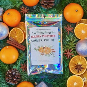 May include: A silver holographic pouch with a white label that reads "HOLIDAY POTPOURRI SIMMER POT KIT" and a picture of dried oranges and cinnamon sticks. The pouch is surrounded by oranges, star anise, and pine cones.