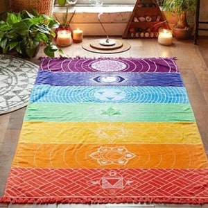 Meditation Mat Yoga Rug Towel Chakras with Tassels Striped Floor Mat Tapestry Soft And Comfortable 150cm*70cm Colorful Mexican Bohemian