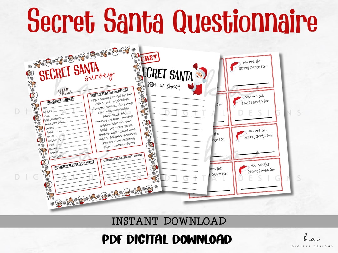 PRINTABLE Secret Santa Questionnaire PDF Instant Digital - Etsy
