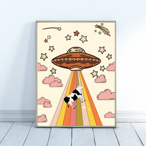 UFO Art Print, Beam Me Up Print, UFO and Cow Print, Cow Print, Retro Print, Space Print, Quirky Wall Art Printable, Alien Abduction Print